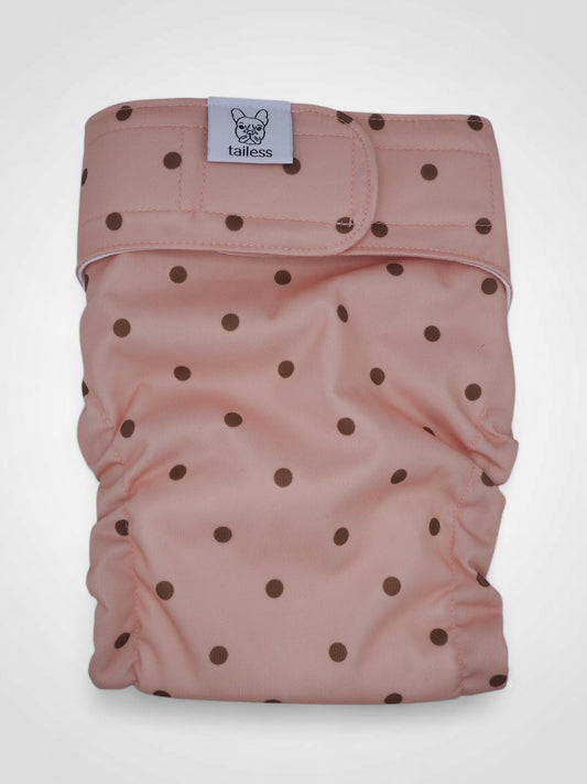 Absorbent and washable heat pants for tailless dogs.